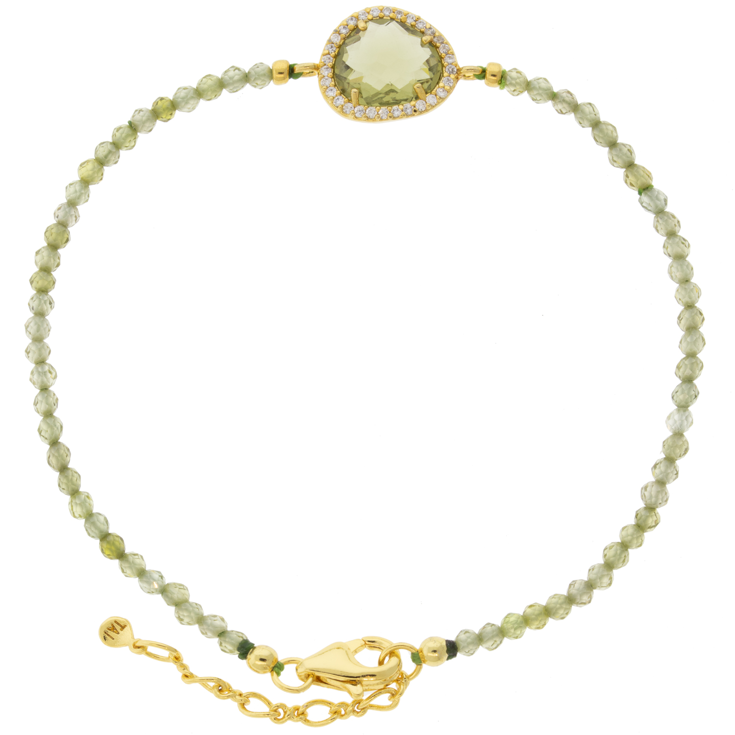 Tai: Beaded slide bracelet with irregular oval glass charm - Olive
