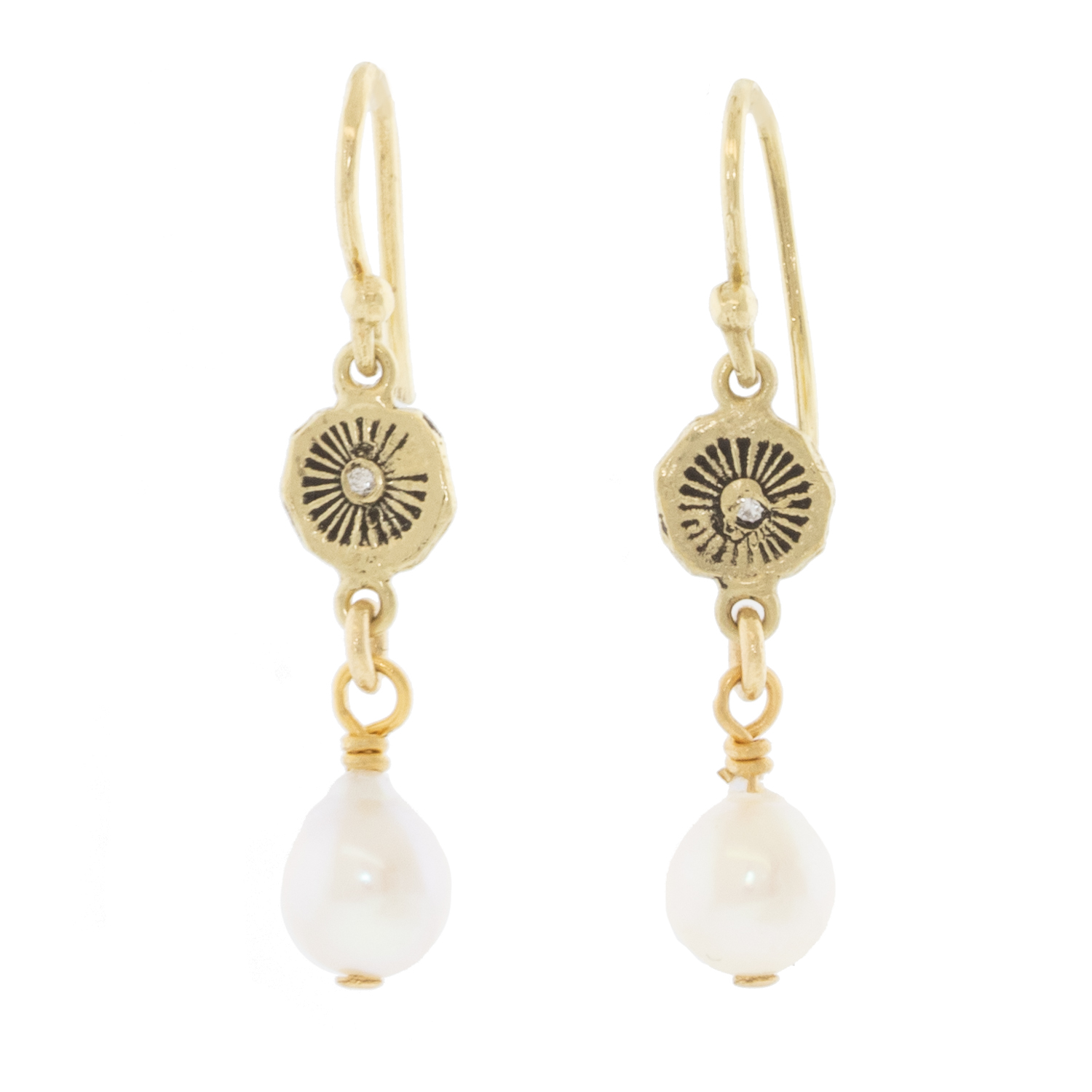 Victoria Cunningham Trunk Show: 14k sun dial + pearl earrings