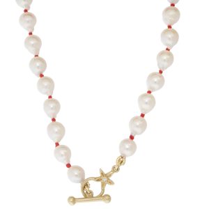 Victoria Cunningham: Necklace, Small Baroque Pearl, Red Cord, Dia Flower Toggle, 14k YG