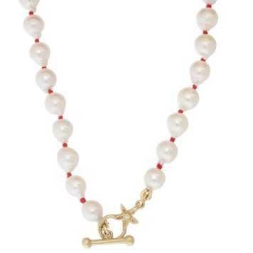 Victoria Cunningham: Necklace, Small Baroque Pearl, Red Cord, Dia Flower Toggle, 14k YG