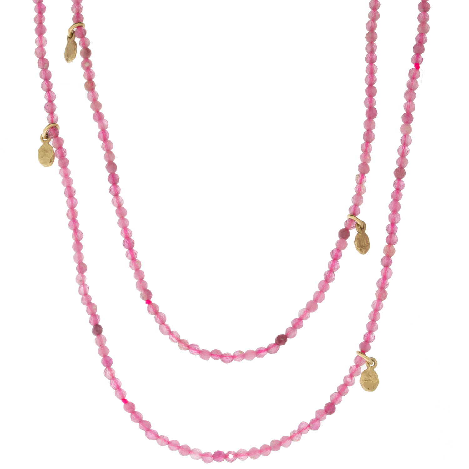 Victoria Cunningham: Necklace, 32", Pink Tourmaline, 14k gold dots 3 in 1