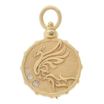 Three Stories Jewelry: SINGLE Phoenix Fire Goddess Engraved Top Switch Charms, 14K Yellow Gold, measure 7/8" x 9/16" including bail