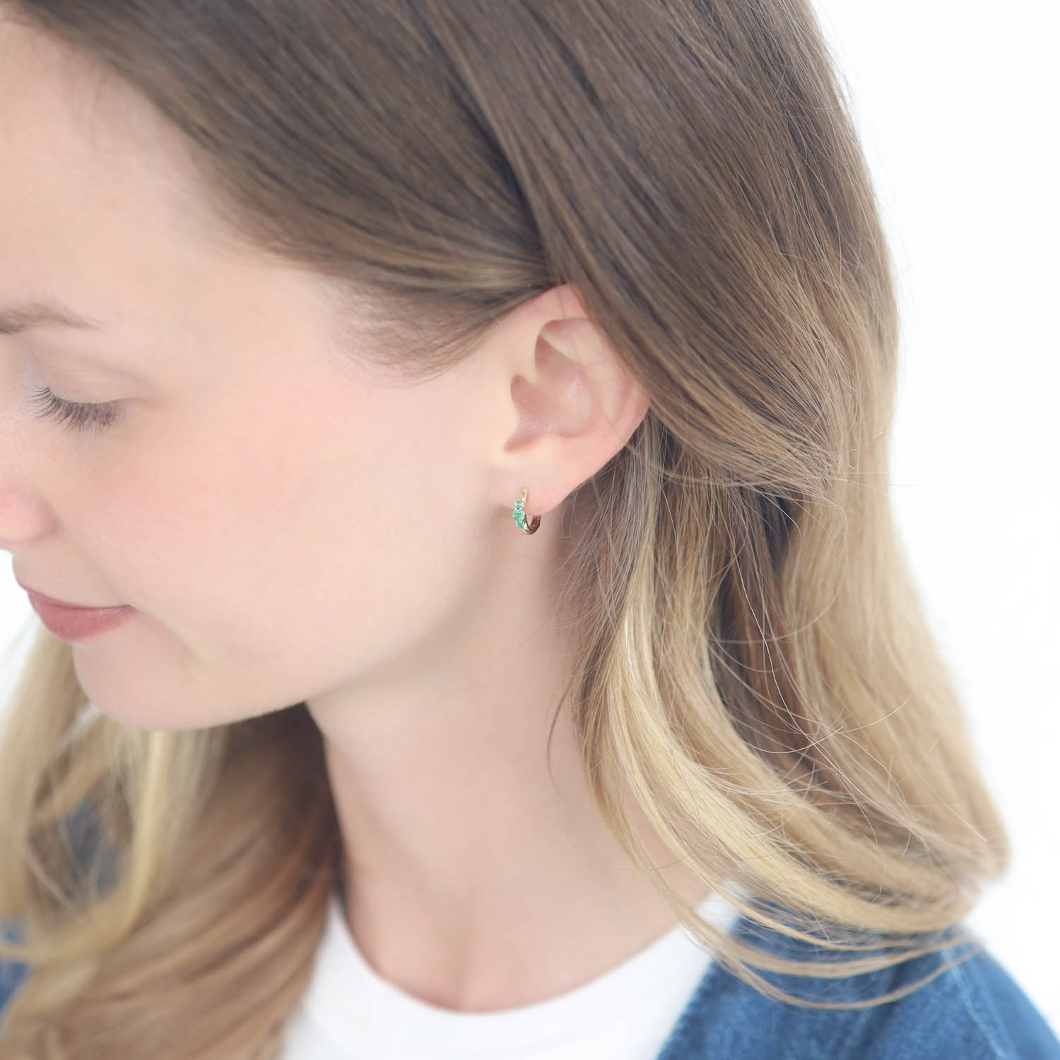 Three Stories Jewelry: SINGLE Small Emerald Prong Hoop, 14k YG