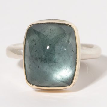 Jamie Joseph:Sterling & 14K Gold Ring w/ Vertical Rectangular MOSS AQUAMARINE on Egyptian Band sz. 11