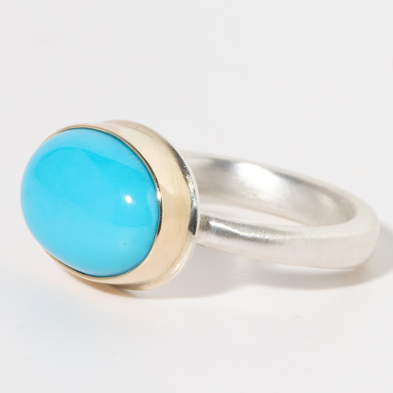 Jamie Joseph:Sterling & 14K Gold Ring w/ Oval Smooth SLEEPING BEAUTY TURQUOISE on Egyptian Band sz. 7.5