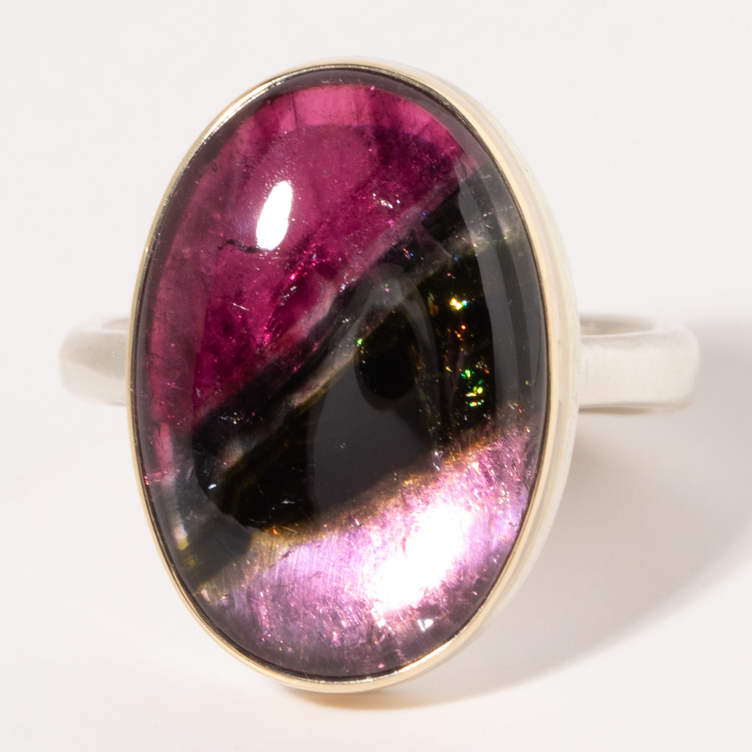 Jamie Joseph:Sterling & 14K Gold Ring w/ Oval Vertical Smooth WATERMELON TOURMALINE on Egyptian Band Sz. 8