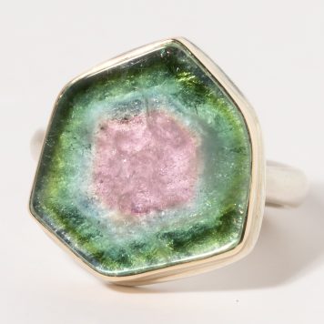 Jamie Joseph:Sterling & 14K Gold Ring w/ WATERMELON TOURMALINE Slice on Egyptian Band Sz. 7