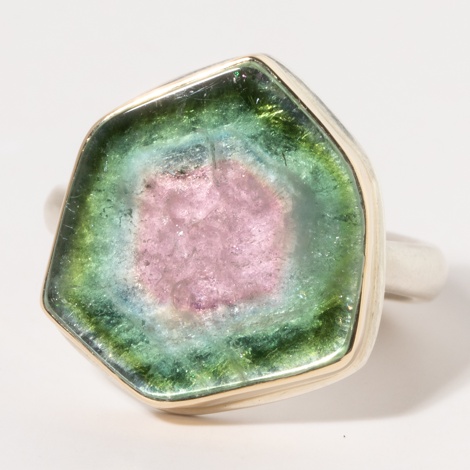 Jamie Joseph:Sterling & 14K Gold Ring w/ WATERMELON TOURMALINE Slice on Egyptian Band Sz. 7