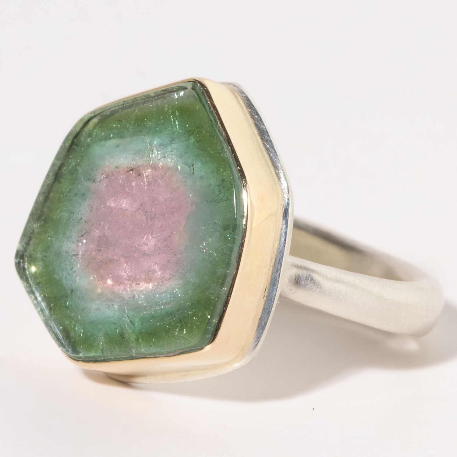 Jamie Joseph:Sterling & 14K Gold Ring w/ WATERMELON TOURMALINE Slice on Egyptian Band Sz. 7