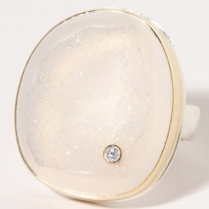 Jamie Joseph:Sterling & 14K Gold Ring w/ Vertical Asymmetrical WHITE BALI DRUSY & .03 ct Diamond on Groovy Band sz. 8.5