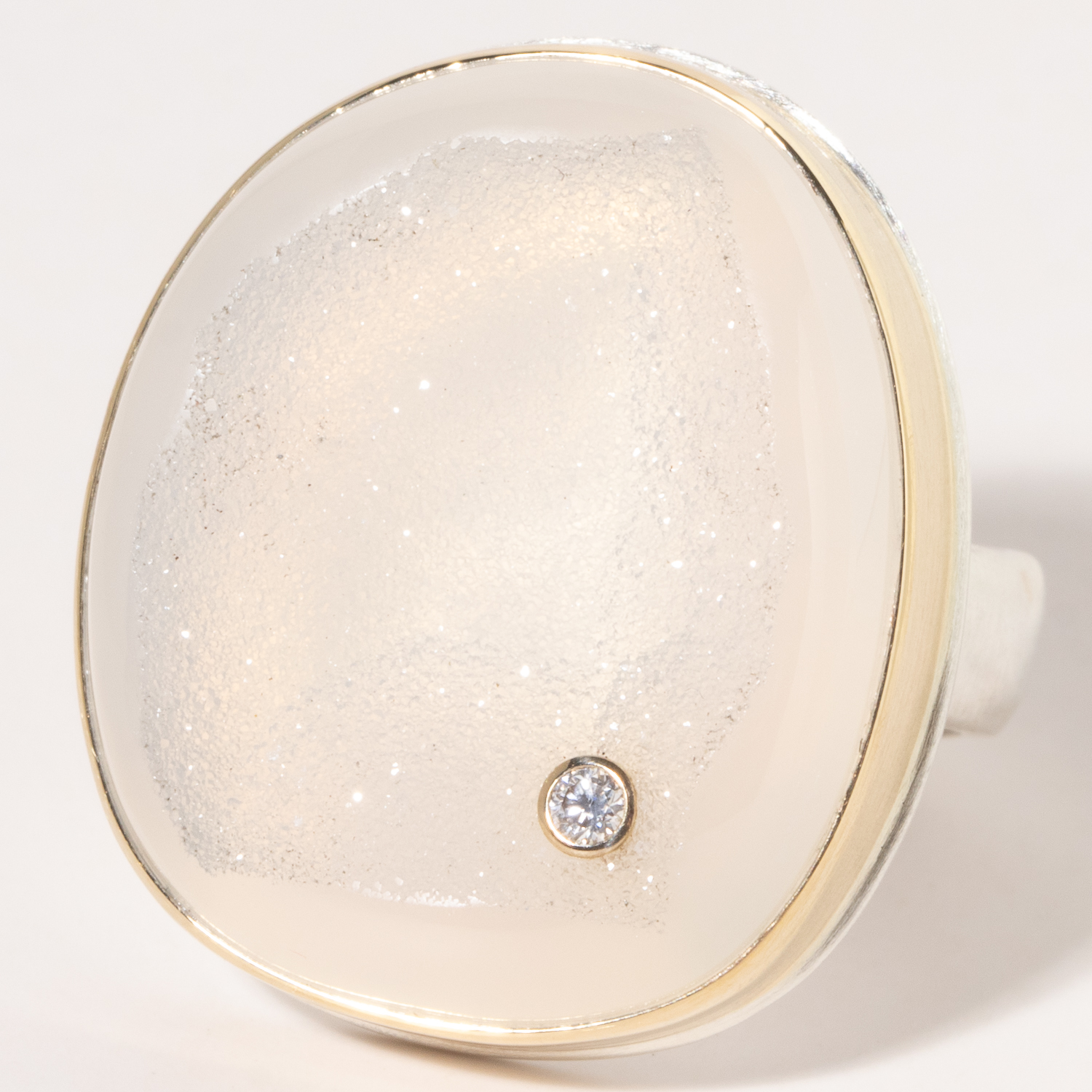 Jamie Joseph:Sterling & 14K Gold Ring w/ Vertical Asymmetrical WHITE BALI DRUSY & .03 ct Diamond on Groovy Band sz. 8.5