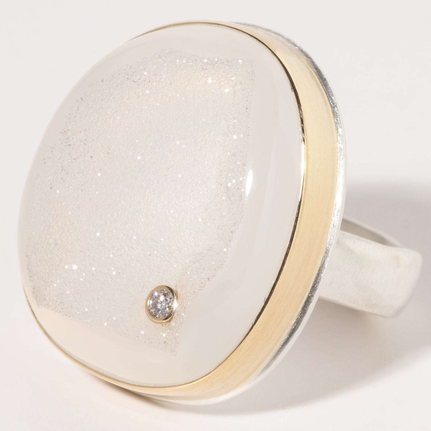 Jamie Joseph:Sterling & 14K Gold Ring w/ Vertical Asymmetrical WHITE BALI DRUSY & .03 ct Diamond on Groovy Band sz. 8.5