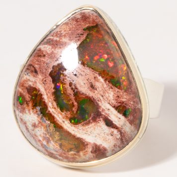 Jamie Joseph:Sterling & 14K Gold Ring w/ Large Vertical Asymmetrical MEXICAN FIRE OPAL on Tapered Y Band Sz. 8.75