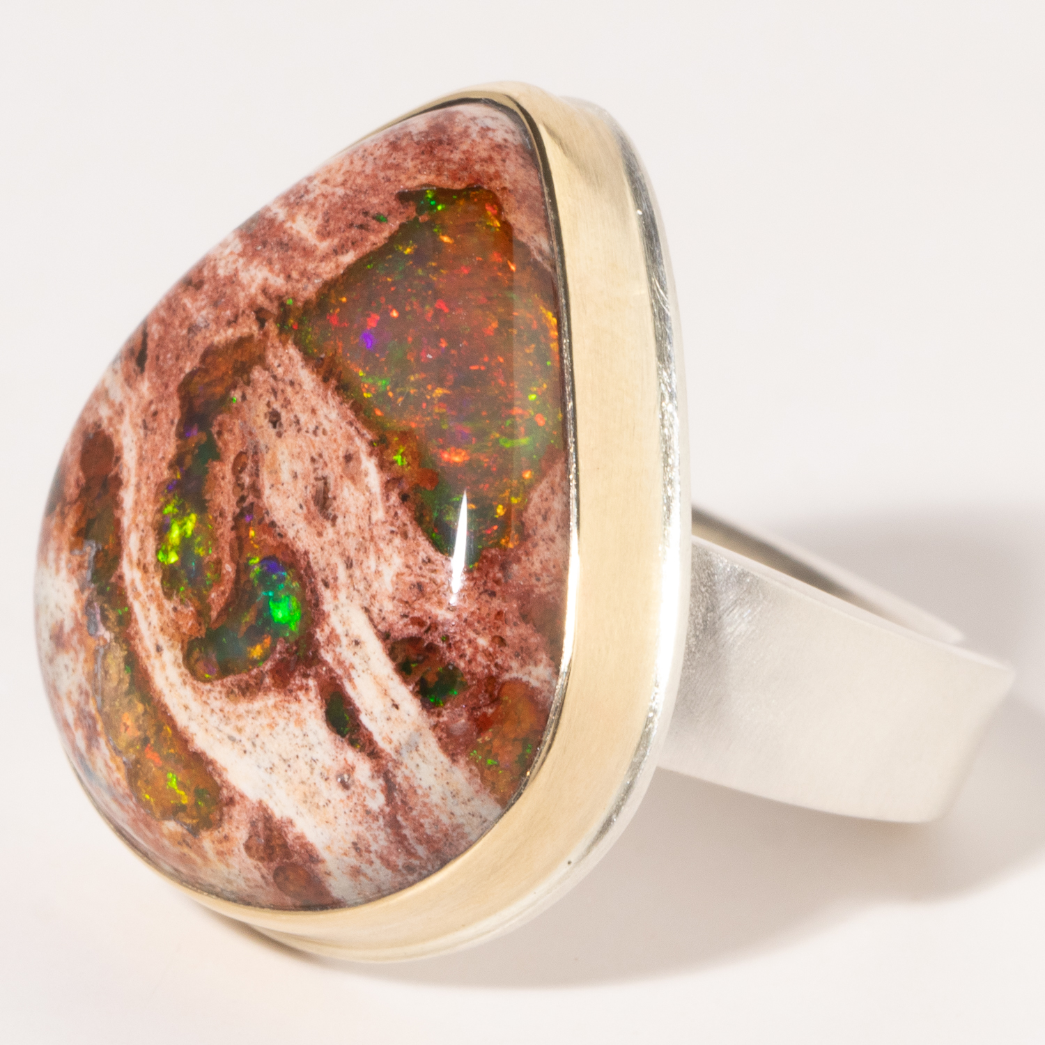 Jamie Joseph:Sterling & 14K Gold Ring w/ Large Vertical Asymmetrical MEXICAN FIRE OPAL on Tapered Y Band Sz. 8.75