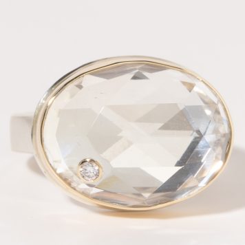 Jamie Joseph:Sterling & 14K Gold Ring w/ Oval Rose Cut ROCK CRYSTAL QUARTZ and .03 Pt Diamond on Comfort Y Band sz. 8