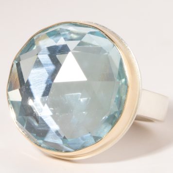 Jamie Joseph:Sterling & 14K Gold Ring w/ Rose Cut Round Sky Blue Topaz on Y Band Sz. 8