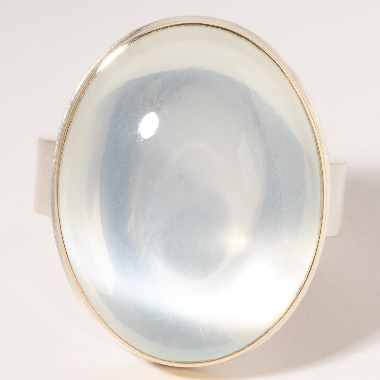 Jamie Joseph:Sterling & 14K Gold Ring w/ Oval Vertical CATS EYE MOONSTONE on Z Band Sz. 7.75