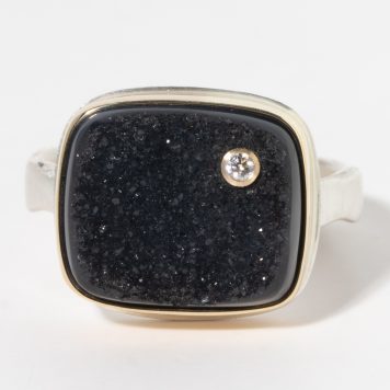 Jamie Joseph:Sterling & 14K Gold Ring w/ Small Rectangular BRAZILIAN BLACK DRUSY & .025 ct Diamond on Eroded Live Edge Band Sz. 7