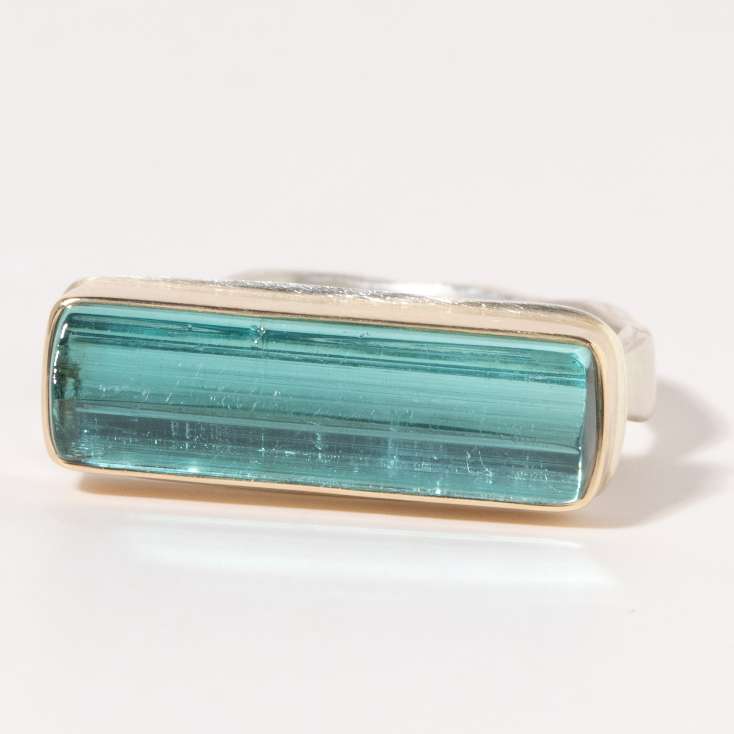 Jamie Joseph:Sterling & 14K Gold Ring w/ Rectangular Surface INDICOLITE TOURMALINE on Eroded Live Edge Sz. 7.5