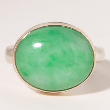 Jamie Joseph:Sterling & 14K Gold Ring w/ Oval Smooth GREEN JADEITE on Middle Groovy Band Sz.8