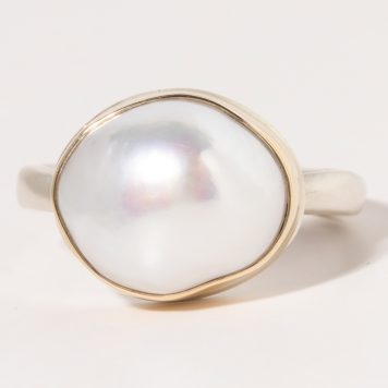 Jamie Joseph:Sterling & 14K Gold Ring w/Asymmetrical White Cultured Pearl on Middle Organic Band sz. 8