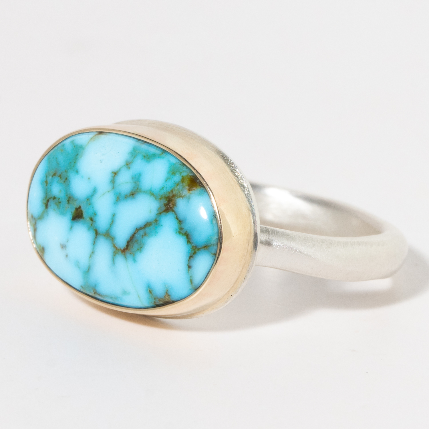 Jamie Joseph:Sterling & 14K Gold Ring w/ Oval KINGMAN TURQUOISE on Middle Organic Band Sz. 7.5