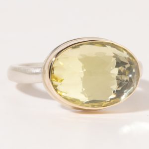 Jamie Joseph:Sterling & 14K Gold Ring w/Oval Inverted LEMON QUARTZ on Middle Organic Band sz 7.25