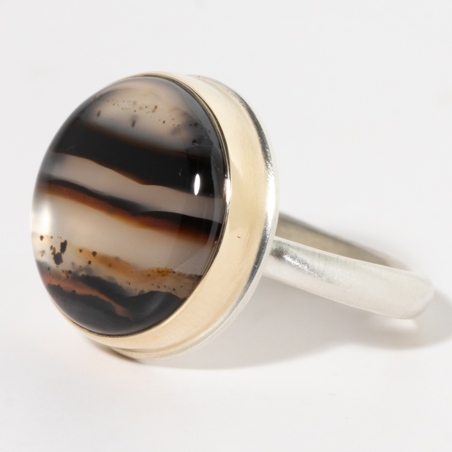 Jamie Joseph:Sterling & 14K Gold Ring w/ Small Round MONTANAAGATE on Middle Organic Band Sz. 7.25