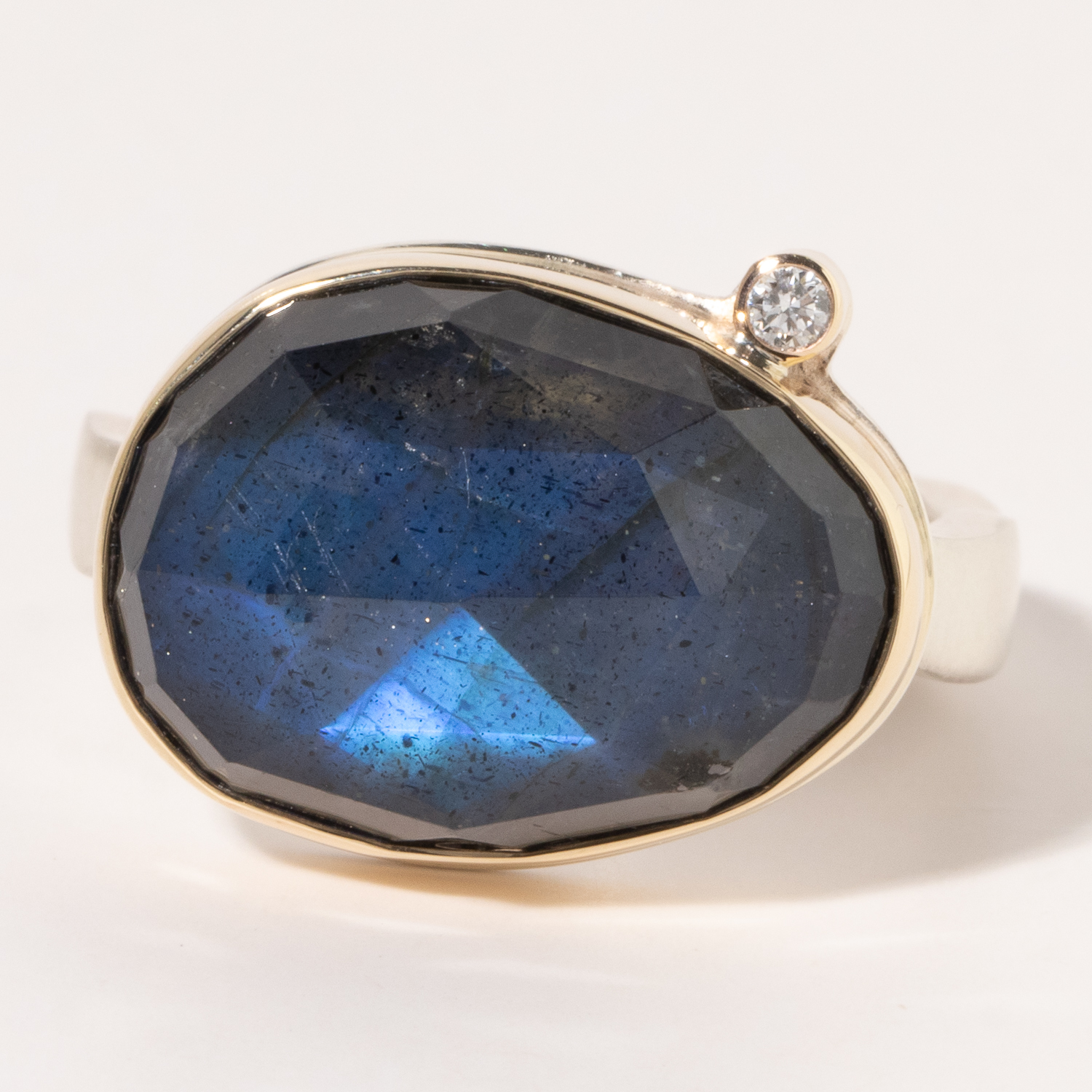 Jamie Joseph:Sterling & 14K Gold Ring w/Asymmetrical Rose Cut LABRADORITE & .03 ct Satellite Diamond on Soft Live Edge Band Sz. 8.25