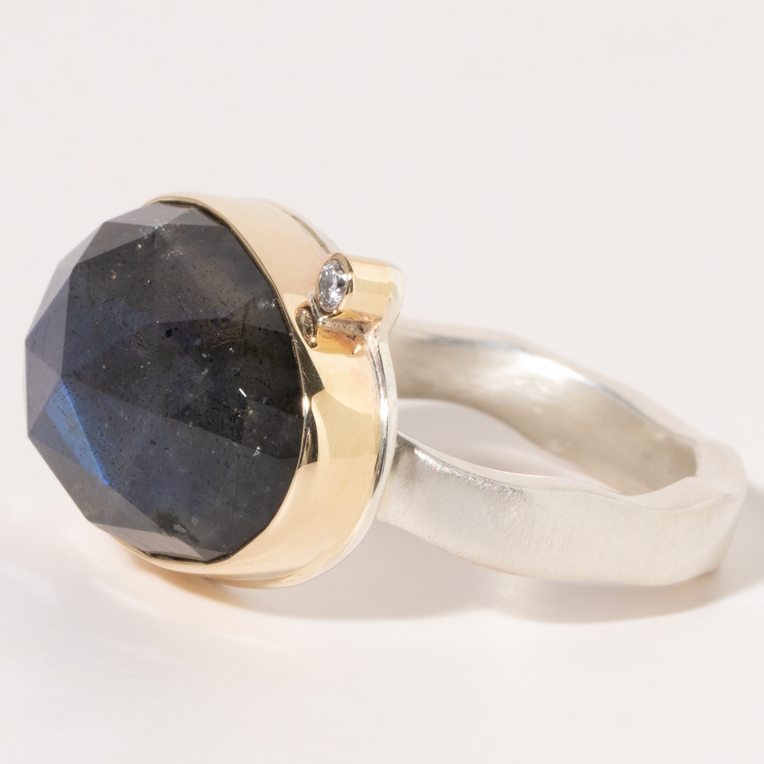Jamie Joseph:Sterling & 14K Gold Ring w/Asymmetrical Rose Cut LABRADORITE & .03 ct Satellite Diamond on Soft Live Edge Band Sz. 8.25