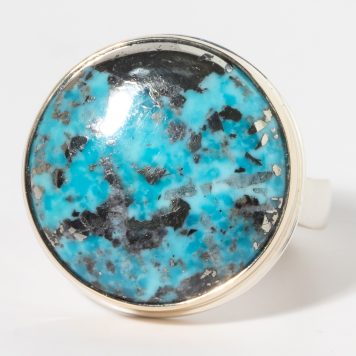 Jamie Joseph:Sterling & 14K Gold Ring w/ Round PERSIAN TURQUOISE on Soft Live Edge Band sz. 7.5