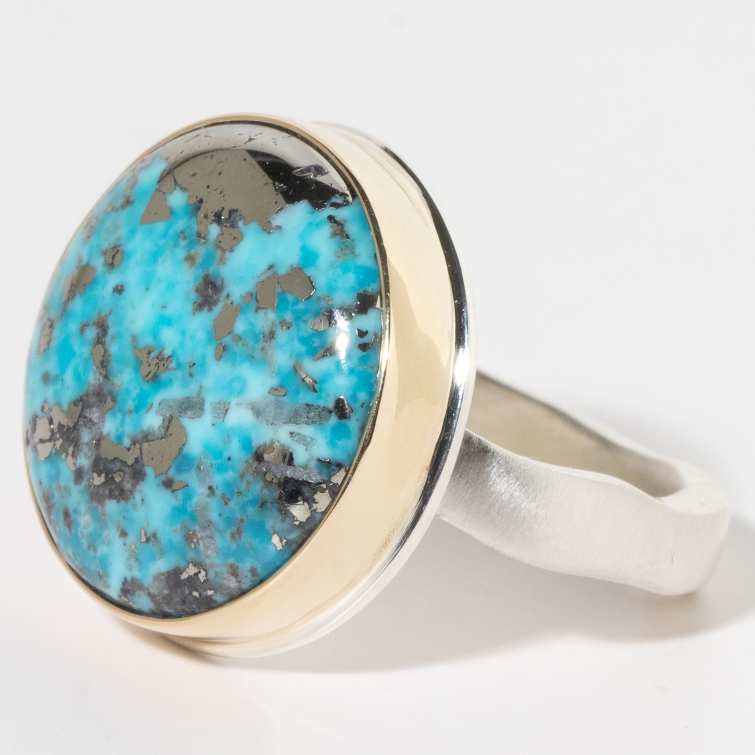 Jamie Joseph:Sterling & 14K Gold Ring w/ Round PERSIAN TURQUOISE on Soft Live Edge Band sz. 7.5