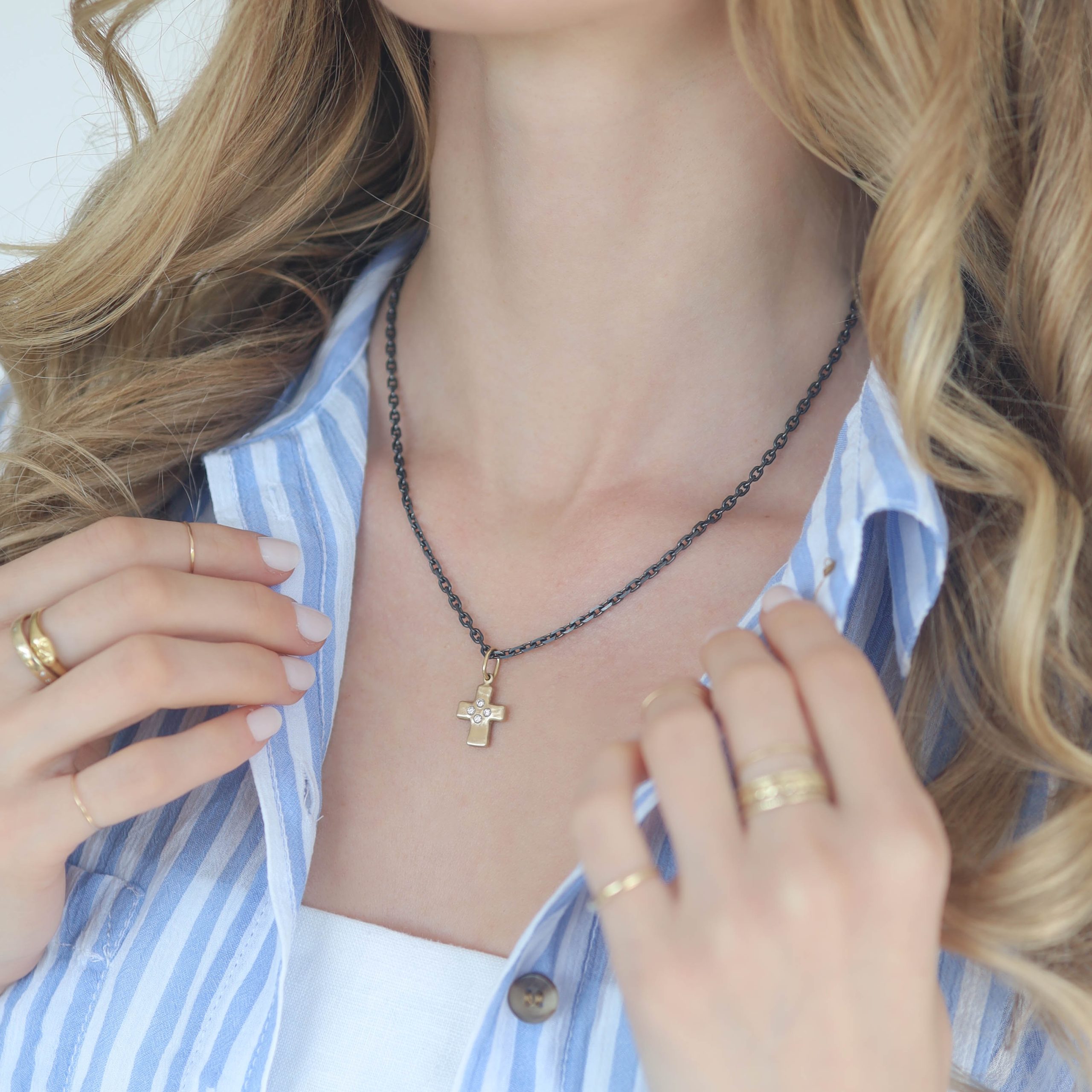 Erica Molinari: 14 k Rustic cross w/ .12cts diamonds