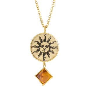 Anzu: Droplet Necklace, Gold Vermeil, Round Sun Motif, Citrine