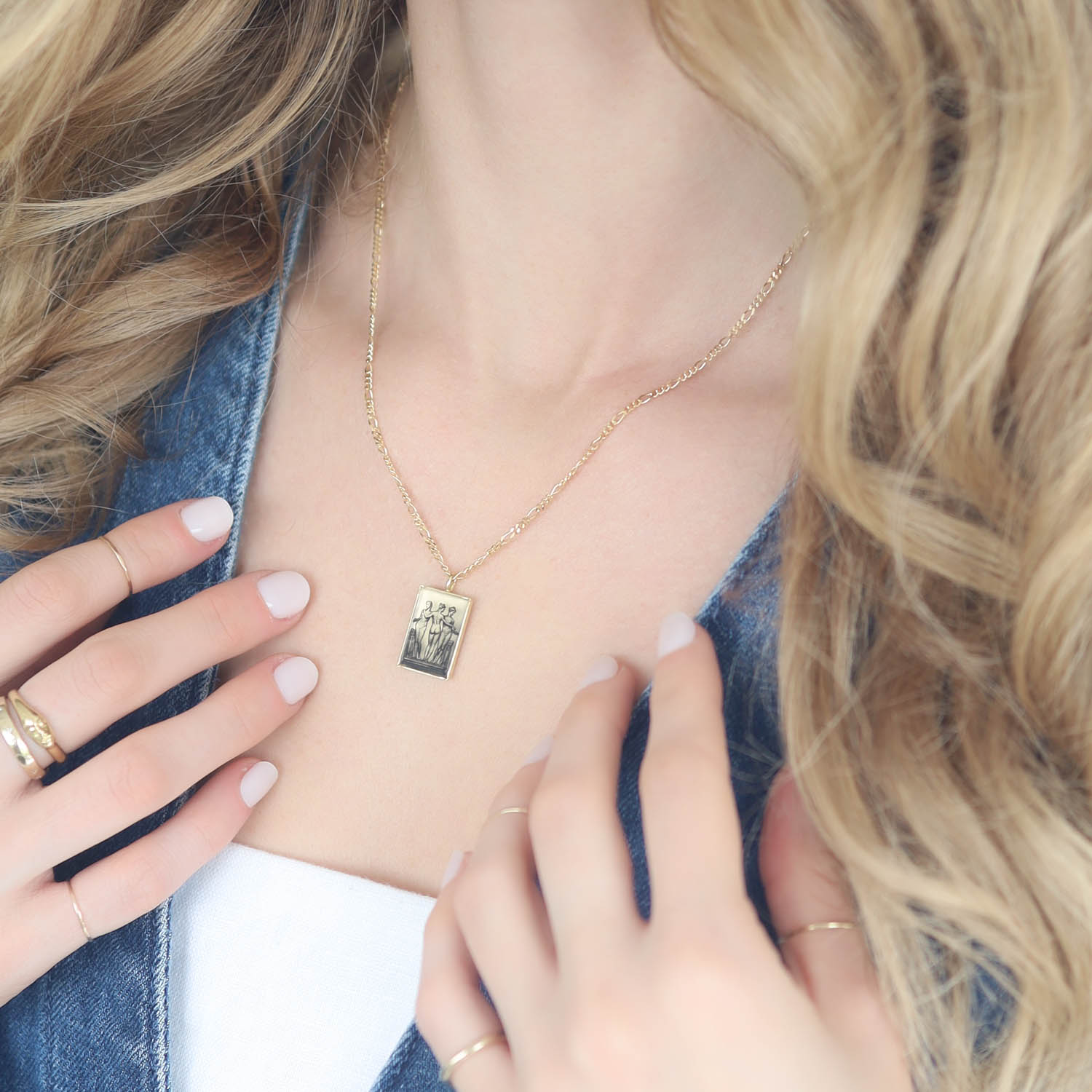 Anzu: Figaro Necklace, Gold Vermeil- Rectangle setting: Three Graces Motif