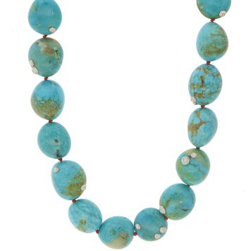 Hannah Blount:Pebble Turquoise Ruthie b NECKLACE,Kingman,India Ink,RED SILK