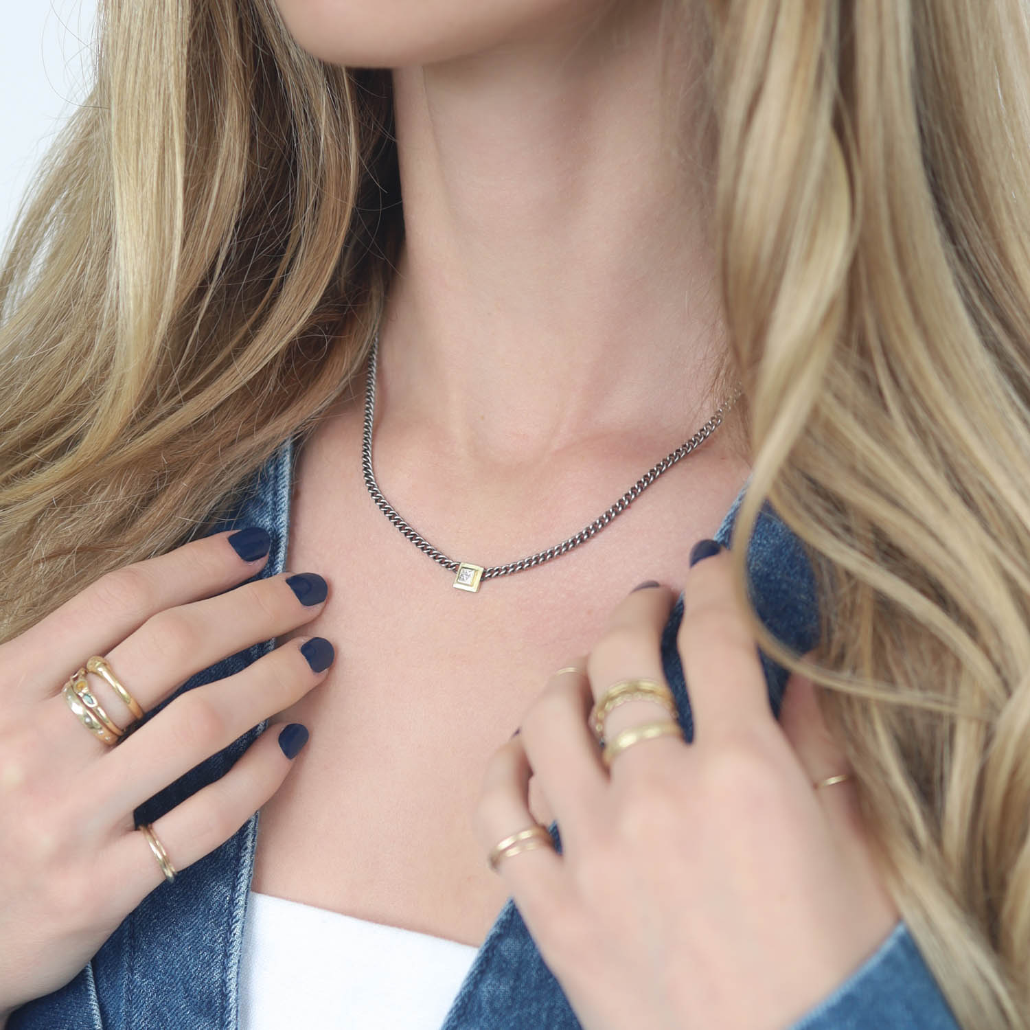 Rene Escobar:SILVER CURB LINK CHAIN NECKLACE WITH GOLD BEZEL SET WITH 0.20CT IN PRINCESS CUT WHITE DIAMOND