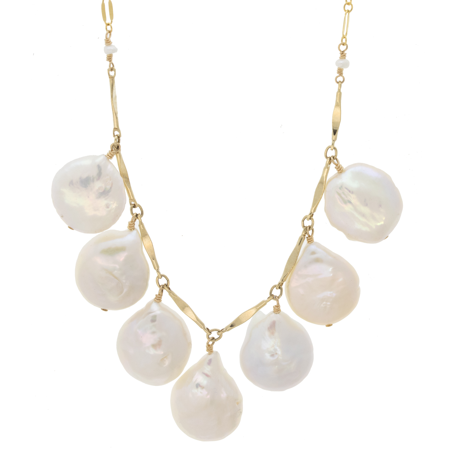 Dana Kellin: Necklace, Seven Pearls, CLUSTER IN MIDDLE Gold Fill
