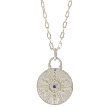 LuLu: Small Raja necklace "explore new possibilities" antique sterling silver w/ Blue Sapphire