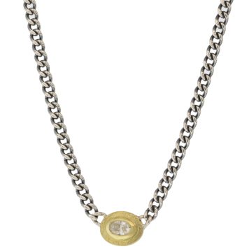 Rene Escobar:SILVER CURB LINK CHAIN NECKLACE WITH GOLD BEZEL SET WITH 0.20CT IN OVAL CUT WHITE DIAMOND