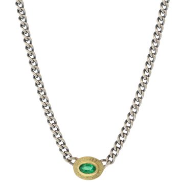 Rene Escobar: Silver Curb Link Chain Necklace w/ Gold Bezel & 0.25ct Oval Cut Emerald