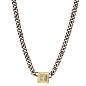 Rene Escobar:SILVER CURB LINK CHAIN NECKLACE WITH GOLD BEZEL SET WITH 0.20CT IN PRINCESS CUT WHITE DIAMOND