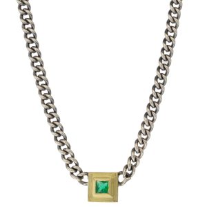 Rene Escobar:SILVER CURB LINK CHAIN NECKLACE WITH GOLD BEZEL SET WITH 0.25CT IN PRINCESS CUT EMERALD