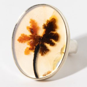 Jamie Joseph:Sterling & 14K Gold Ring w/ Vertical Oval DENDRITIC AGATE on Groovy Band Sz. 8
