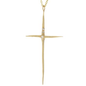 Robin Haley: Necklace,14K yg, Narrow Handmade diamond Cross,16",.0105ct