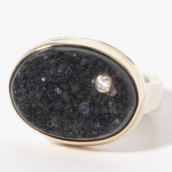 Jamie Joseph:Sterling & 14K Gold Ring w/ Large Oval BRAZILIAN BLACK DRUSY & .03 ct Diamond on Live Edge Band sz. 7.5
