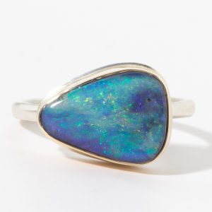 Jamie Joseph: Sterling & 14K Gold Ring w/Asymmetrical BOULDER OPAL on Sand Band