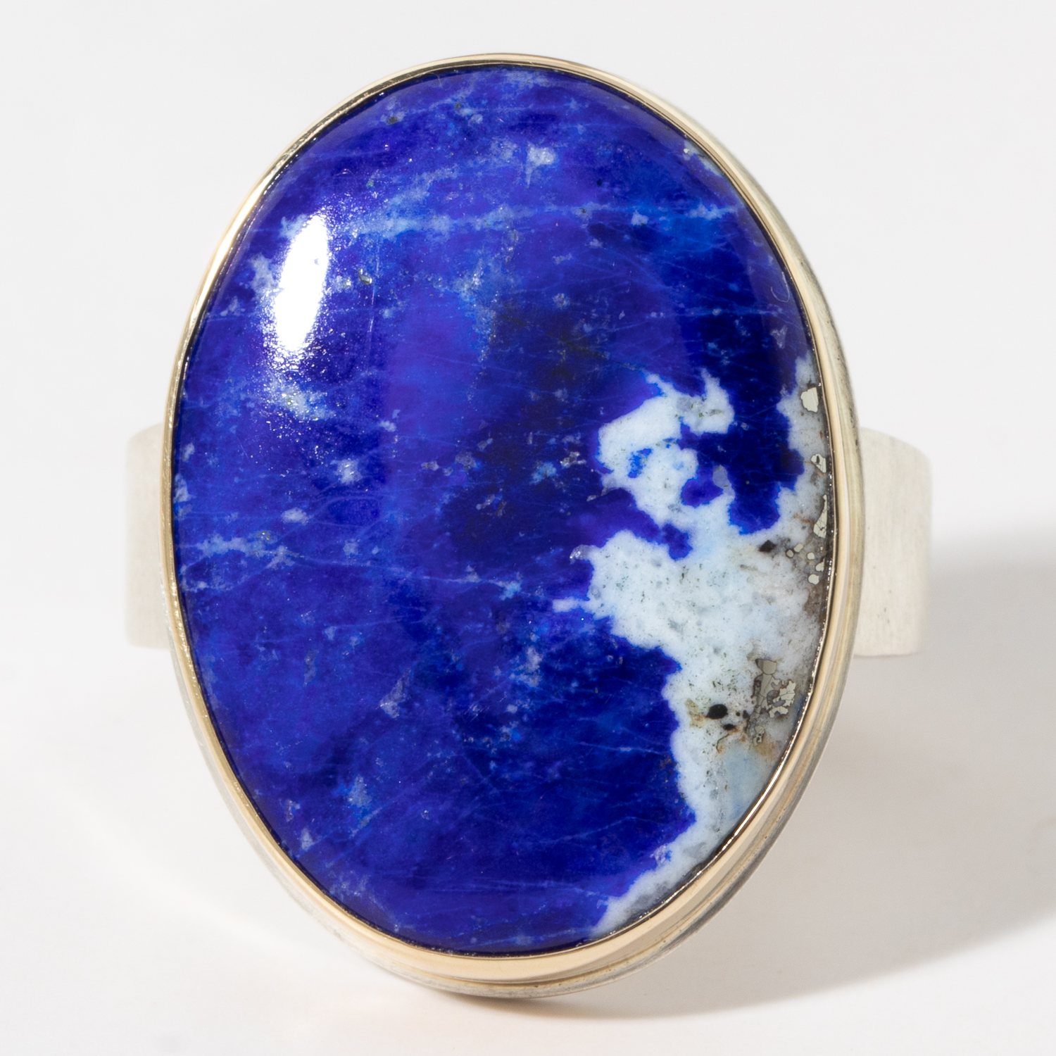 Jamie Joseph:Sterling & 14K Gold Ring w/ Vertical Oval Smooth LAPIS on Tapered Y Band Sz. 8