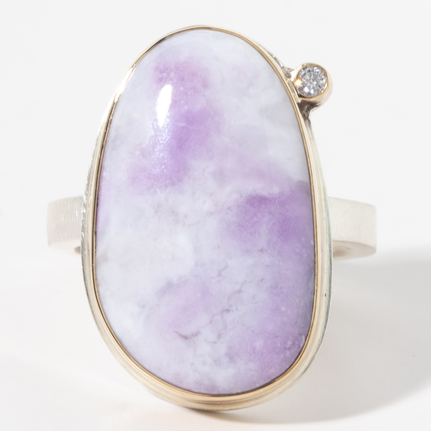 Jamie Joseph: Sterling & 14K Gold Ring w/ Vertical Smooth Asymmetrical MORADO OPAL and .03 Pt Satellite Diamond on X Band