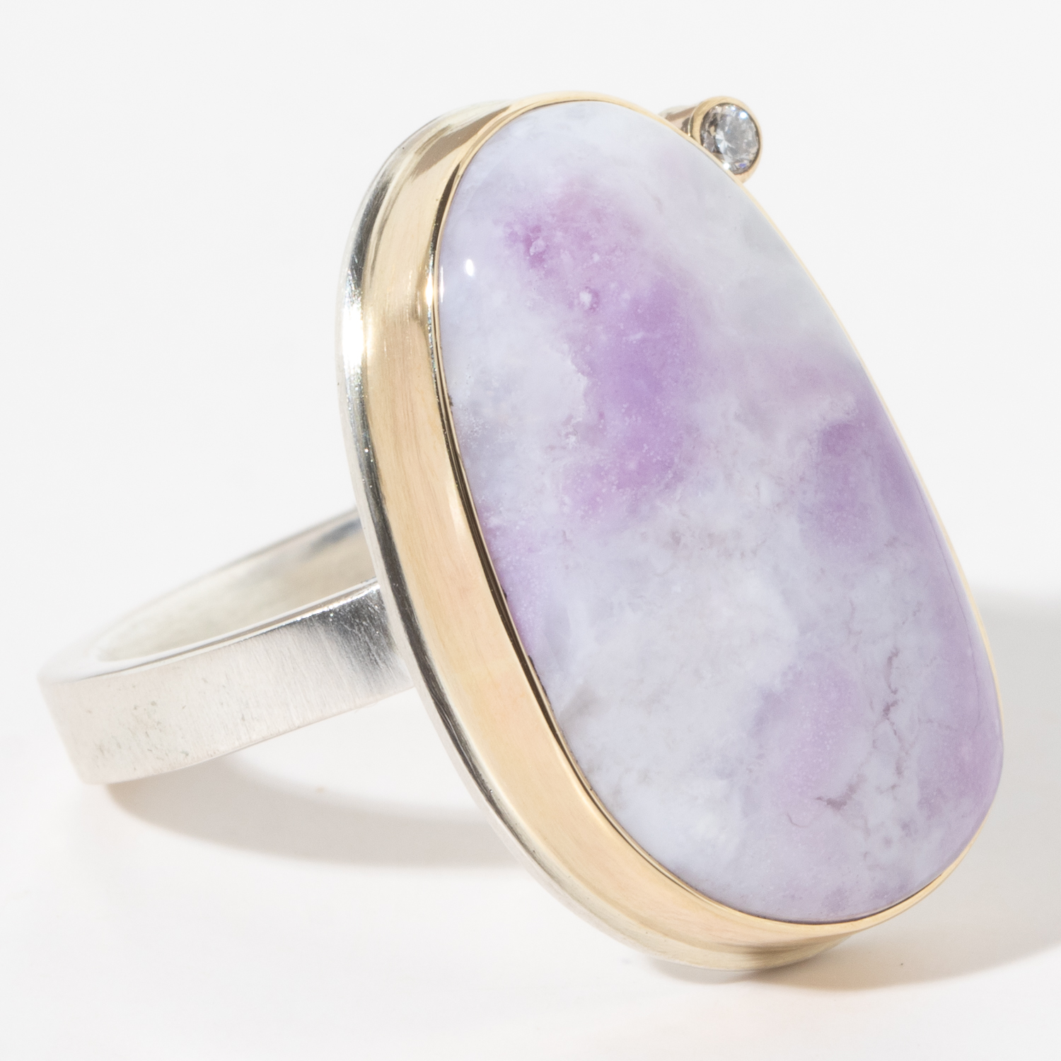 Jamie Joseph: Sterling & 14K Gold Ring w/ Vertical Smooth Asymmetrical MORADO OPAL and .03 Pt Satellite Diamond on X Band